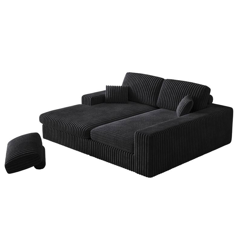 Corduroy Sleeper Sofa Bed L-shaped Sectional Sofa with Chaise, Living Room 2-in-1 Convertible Couch with Detachable Neck Pillows