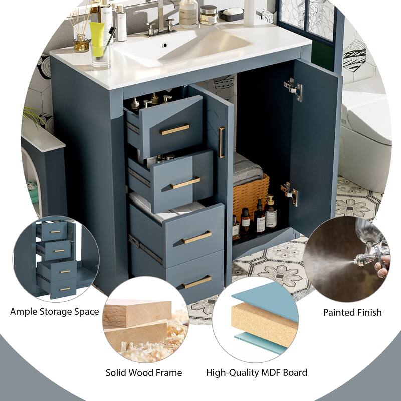 GDFStudio - Montclair Modern Freestanding Bathroom Vanity with Ceramic Sink and 3 Storage Drawers & Soft Closing Doors - 36'W