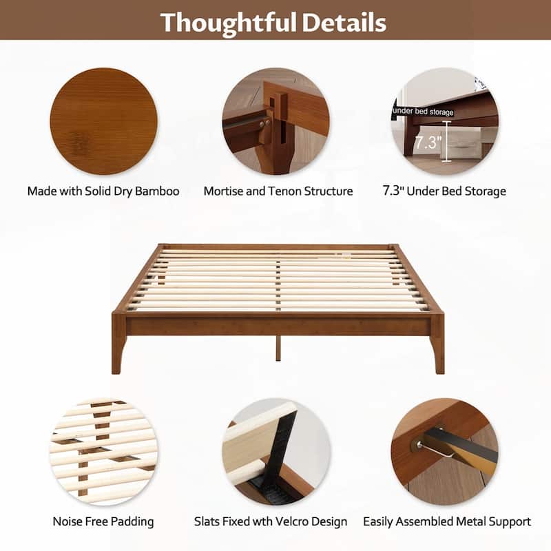 12 Inch Solid Dry Bamboo Wood Platform Bed Framewith Wood Slat Support,