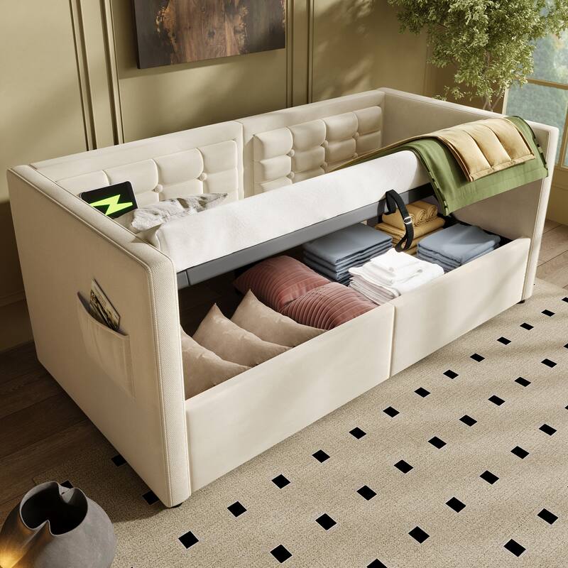 Velvet Tufted Upholstered Daybed Hydraulic Storage Twin Bed Frame with USB & Type-C Charging, Side Pockets and Wooden Slats