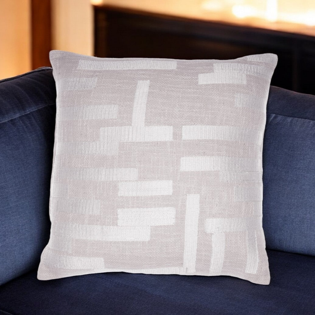 HomeRoots 20" Ivory Geometric Cotton Blend Throw Pillow With Embroidery