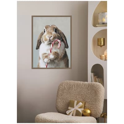Kate and Laurel Sylvie Framed Canvas Cute Bunny Candy Cane by The Creative Bunch Studio