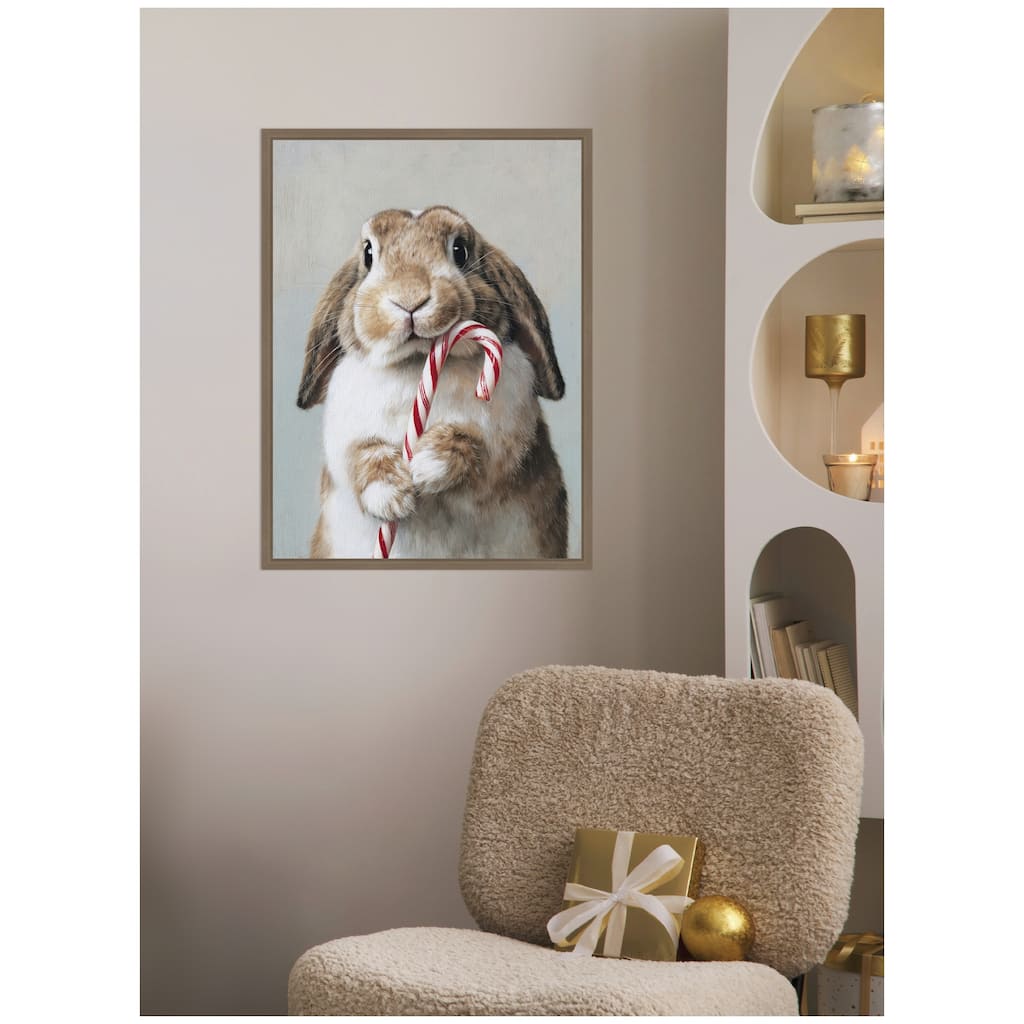Kate and Laurel Sylvie Framed Canvas Cute Bunny Candy Cane by The Creative Bunch Studio