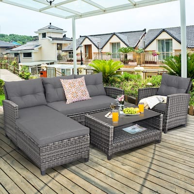 Costway 4PCS Patio Rattan Furniture Set Cushioned Loveseat Table Shelf - Grey - See Details