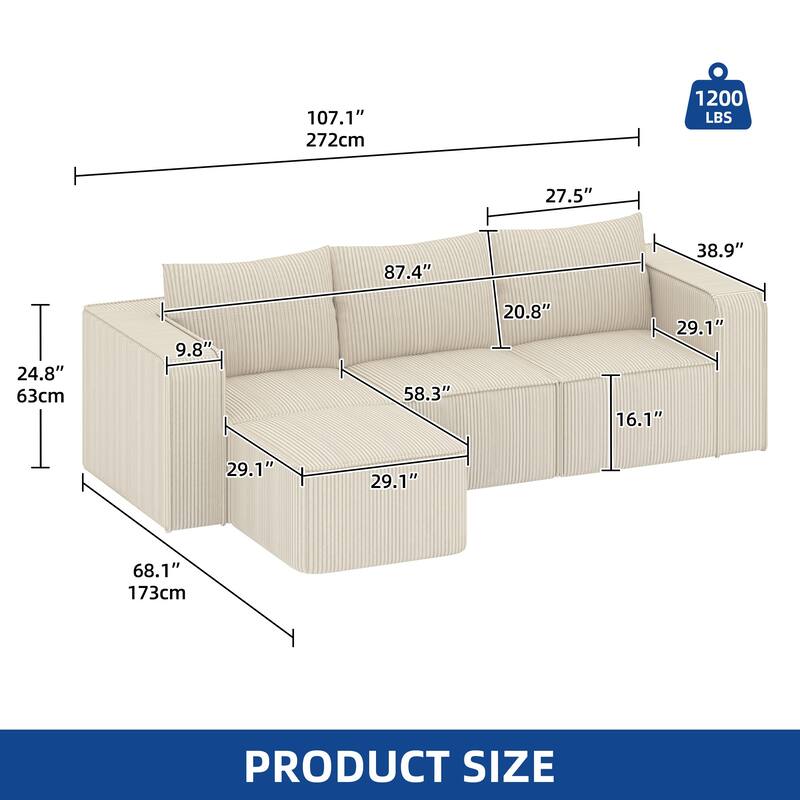 Moasis Multi-seat(3/4/5 seats) Corduroy Sectional Sofa Modular Couch Sofa Upholstered Convertible Modular Sofa