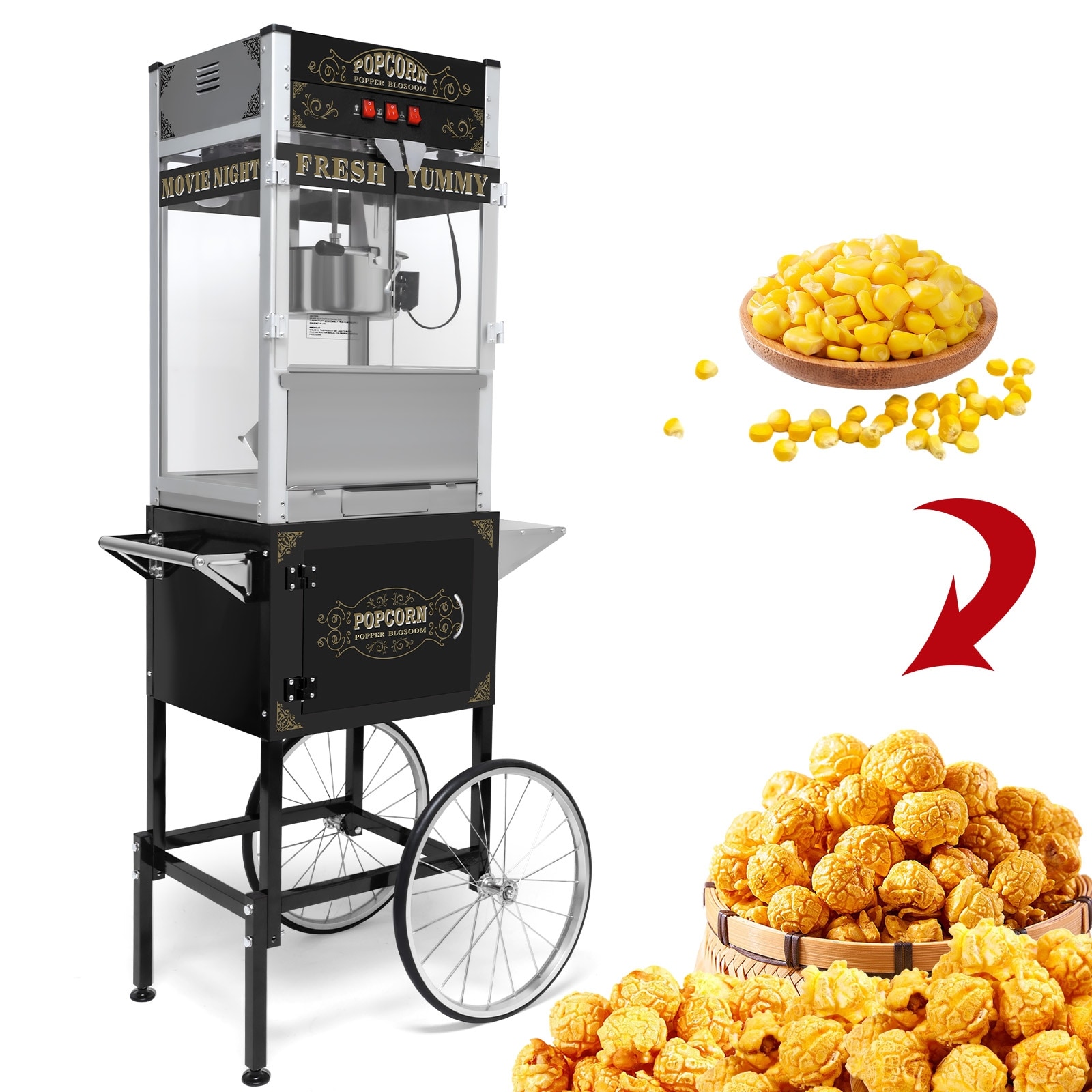 Commercial Popcorn Machine with Cart and 20-Ounce Kettle,Vintage