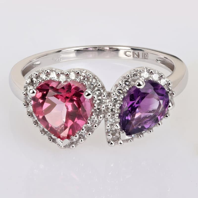Miadora African-Amethyst Pink Topaz and 1/5ct TDW Diamond Heart-Pear Ring in 14kt White Gold