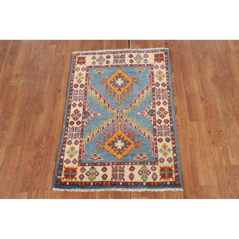 Light Blue Geometric Kazak Foyer Rug Handmade Wool Carpet - 2'0" x 3'0"