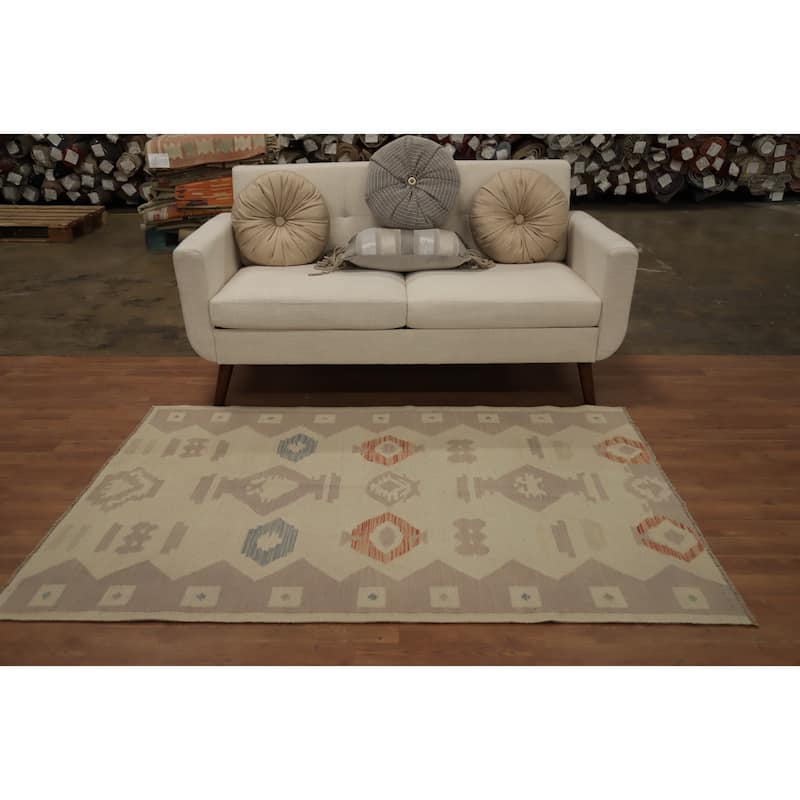 Hand Woven Oriental 100% Wool Carpet Southwestern Tribal Beige & Ivories Kilim Area Rug - 5' 11'' X 3' 11''