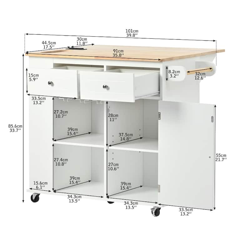 Rubber Wood Kitchen Storage Island on 5 Wheels with Drop Leaf and Power Outlet
