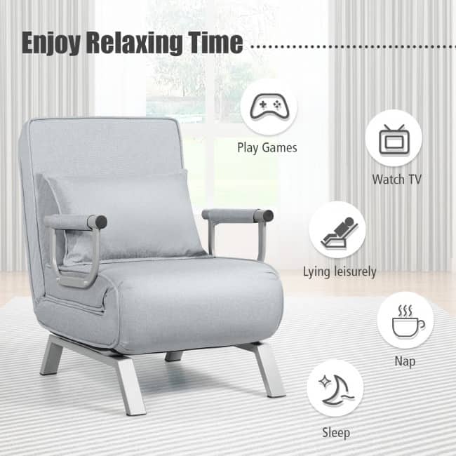 Folding 5 Position Convertible Sleeper Bed Armchair Lounge Couch with Pillow