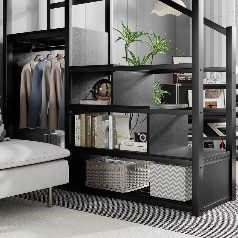 Black Metal Queen Loft Bed with Storage Shelves Wardrobe for Kids Teens Adults