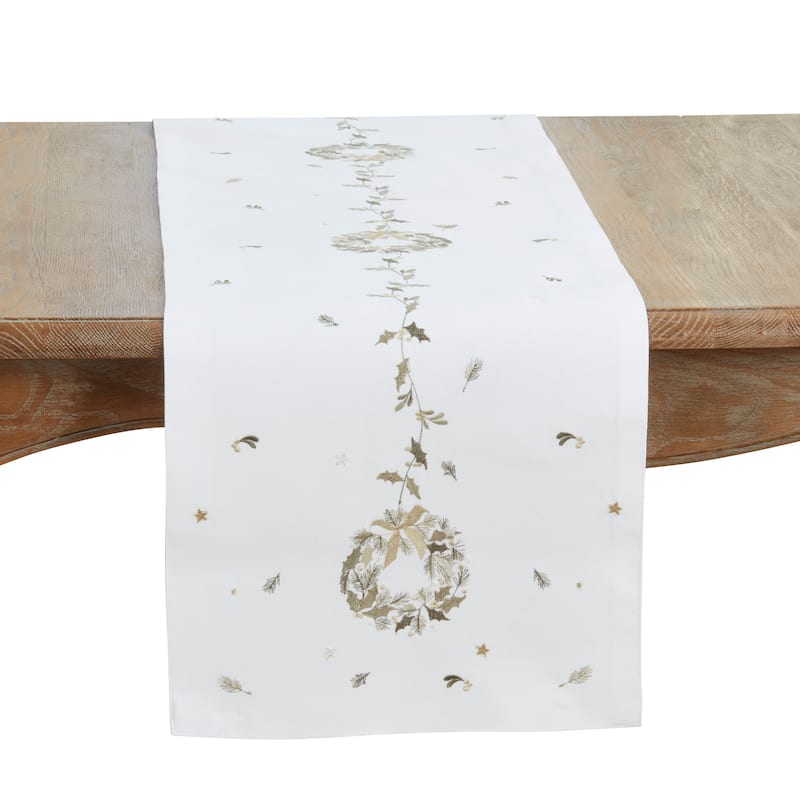 Embroidered Wreath Table Runner - 16"x70" - White