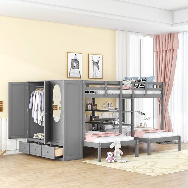 slide 2 of 30, Full-over-Twin Bunk Bed with Wardrobe Gray