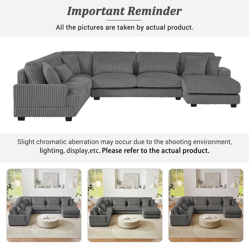 Roomfitters 129-Inch Oversized U-Shaped Sectional Sofa, Modern Corduroy Upholstered Couch with Chaise Lounge, Dark Grey