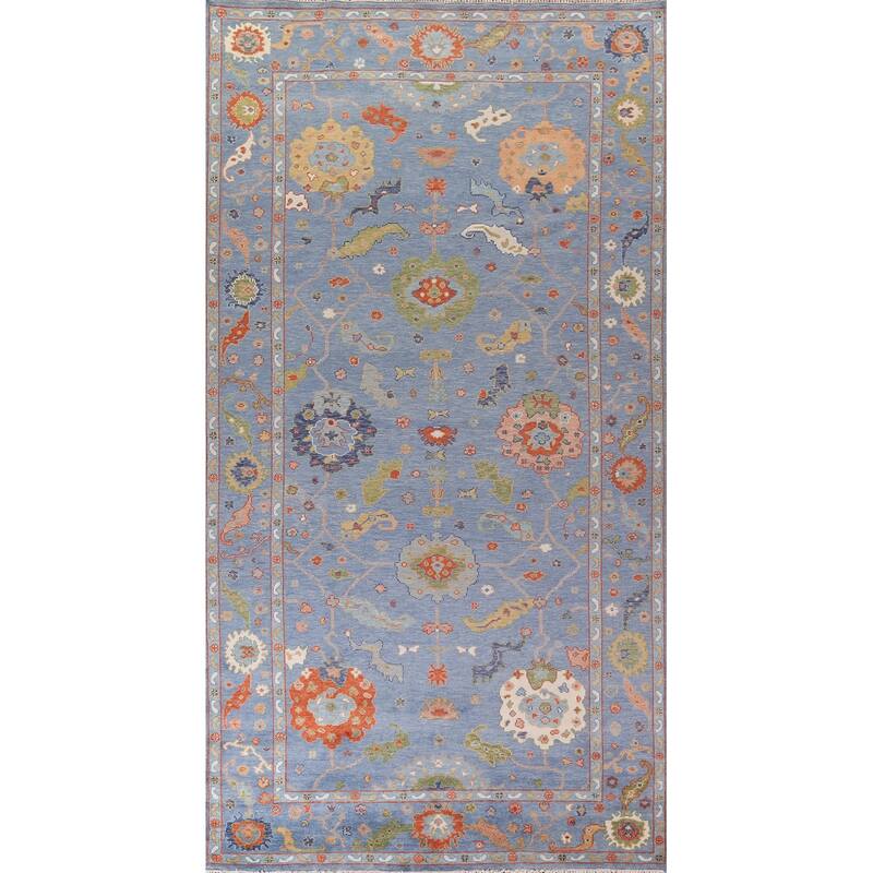 All-Over Blue Floral Oushak Oriental Area Rug Handmade Wool Carpet - 7'11"x 15'9"