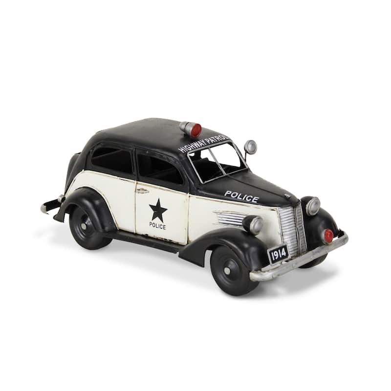 HomeRoots 7" Black and White Metal Hand Painted 1937 Police Car Model Car - 6.5' X '6.5' X '13.5