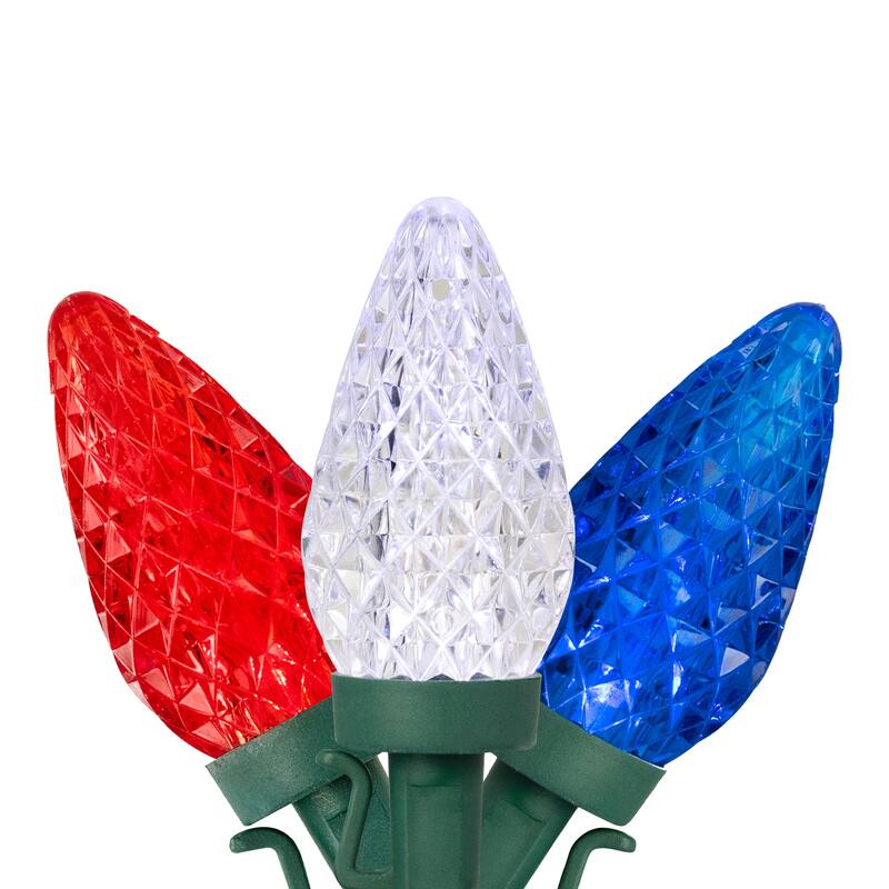 Patriotic LED C9 Faceted Christmas Lights - Red, White and Blue - 66' Green Wire - 100ct