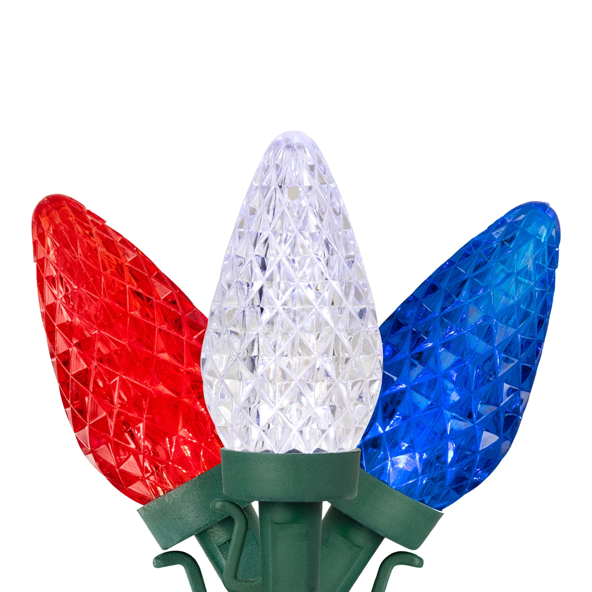 Patriotic LED C9 Faceted Lights Red, White Blue 66' Green Wire 100ct