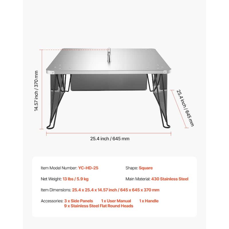 Silver Stainless Steel Square Bonfire Heat Deflector with Foldable Legs for Fire Pits - 25.4 x 25.4 x 14.57 inches