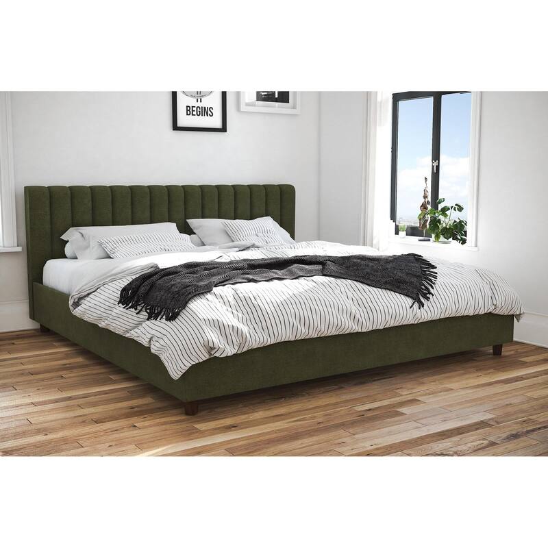 Roomfitters Brittany King Size Upholstered Bed Frame with Ribbed Tufted Headboard, Linen Fabric, Green
