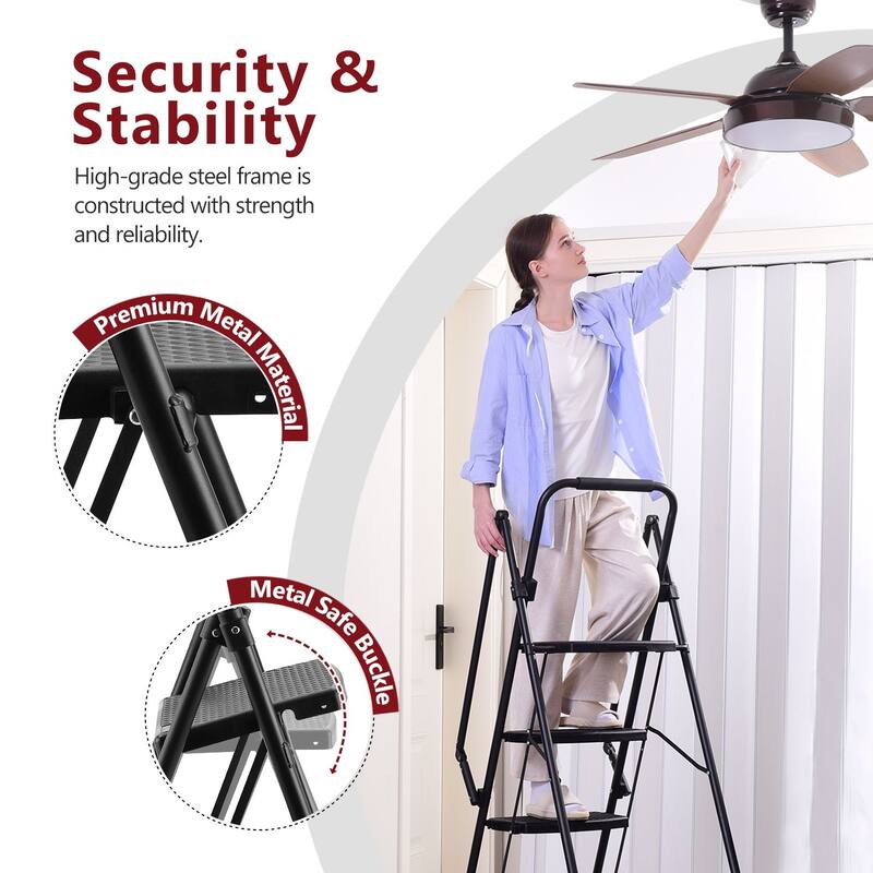 Anmytek 4 Step Folding Ladder with Wide Anti Slip Pedals and Safety Handrail Sturdy Steel Step Stool for Home and Office