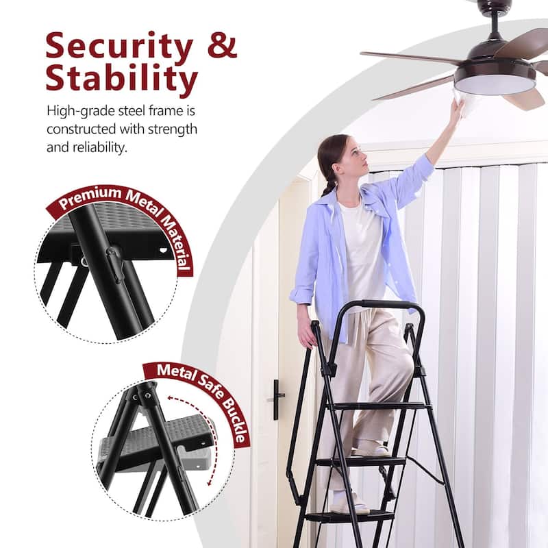 Four Step Ladder,lightweight Folding Four Step Stool, Wide Anti Slip Pedal And Safety Handle, Sturdy Steel Ladder