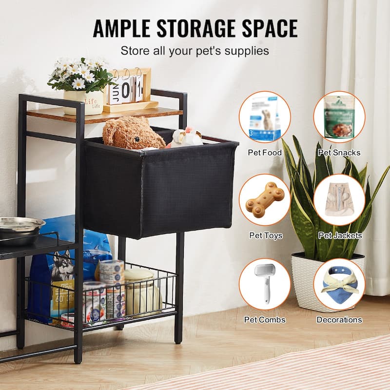 Black Pet Feeding Station with Storage Dog Food and Toy Organizer Suitable for as Living Room or Bedroom or Kitchen