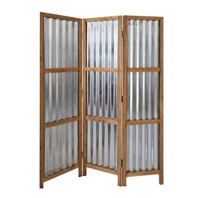 Industrial 3 Panel Foldable Screen with Corrugated Design,Silver and Brown