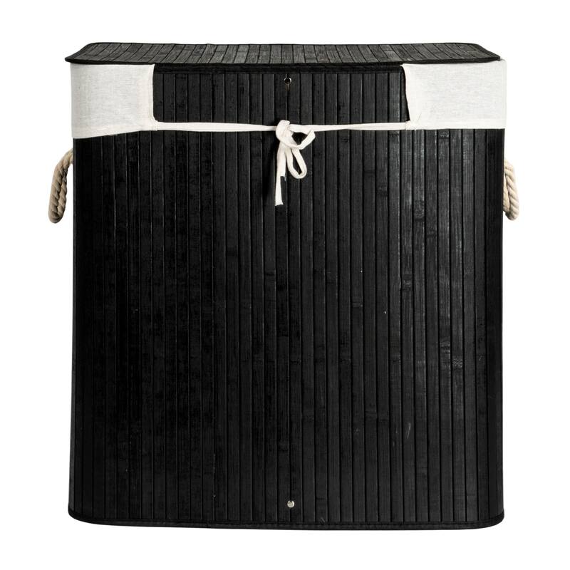 Household Essentials Bamboo Double Laundry Hamper with Rope Handles and Removable Laundry Bag