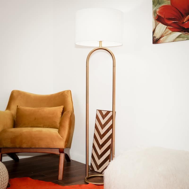 Brass Ring Base Floor Lamp with Large White Drum Shade