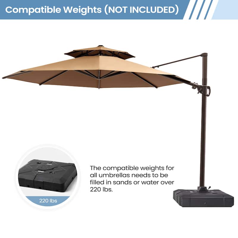 11 ft Outdoor Aluminum Dual Top Solar Powered LED Lighted Patio Cantilever Umbrella and Weighted Base