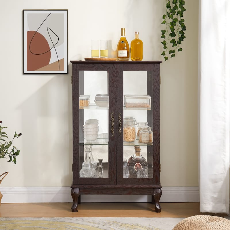 GDF Studio - American Retro Curio Cabinet with Lighted Display & Mirrored Back - Cherry