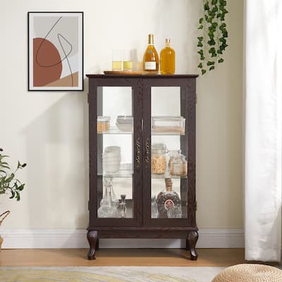 Lighted Curio Cabinet with Mirrored Back, 3 Tier Storage Display Cabinet with Tempered Glass Doors & Adjustable Shelves