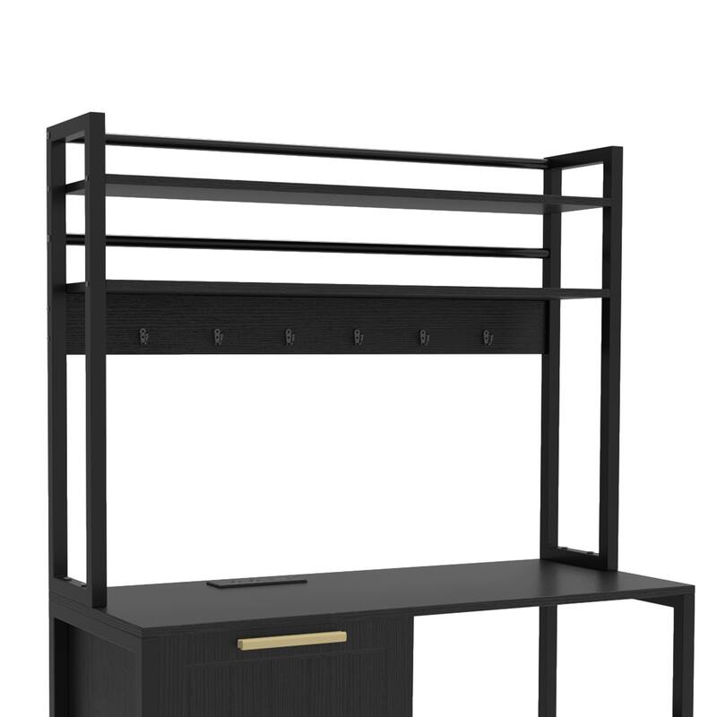 Kitchen Baker's Rack with Mini Fridge Space Trash Can Cabinet and Charger Station for Dorm or Small Space Organization