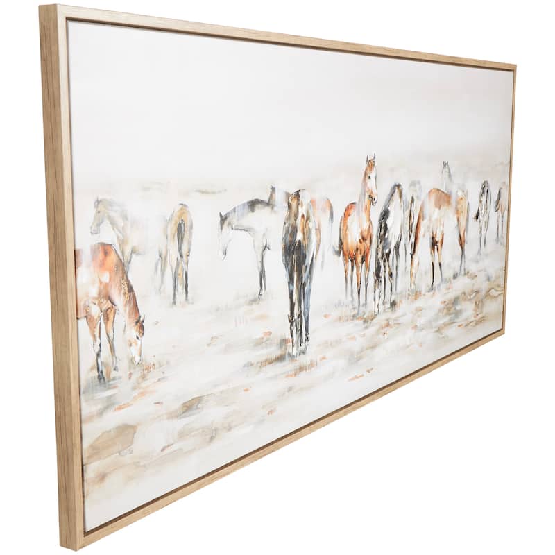 Canvas Horse Wall Art with Wooden Frame and Gold Foil Accents - Brown - Roche River Decor