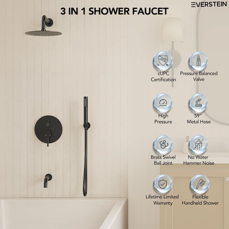Pressure Balance 3-Functions Shower Head System, 10" Shower Faucet Set with Tub Faucet Spout