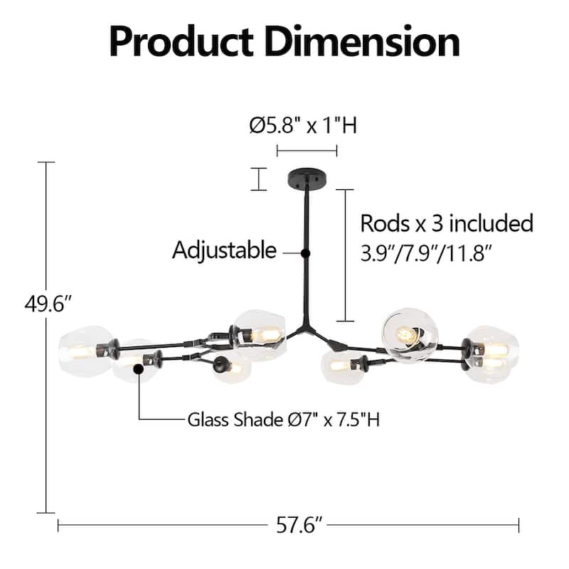 8-Light Black Modern Full-angle Adjustable Chandelier with Clear Glass Shades