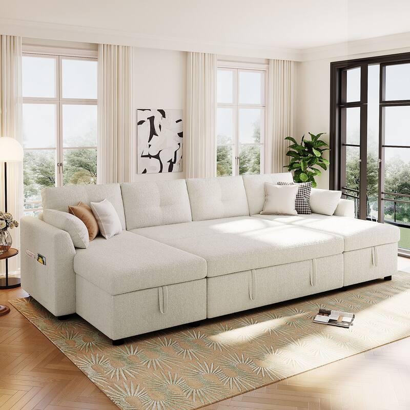 Oversized U-shaped Sectional Sofa with USB Ports, Dual Storage Chaise Lounges Sofa with Pull-out Bed Convertible Sleeper Sofa