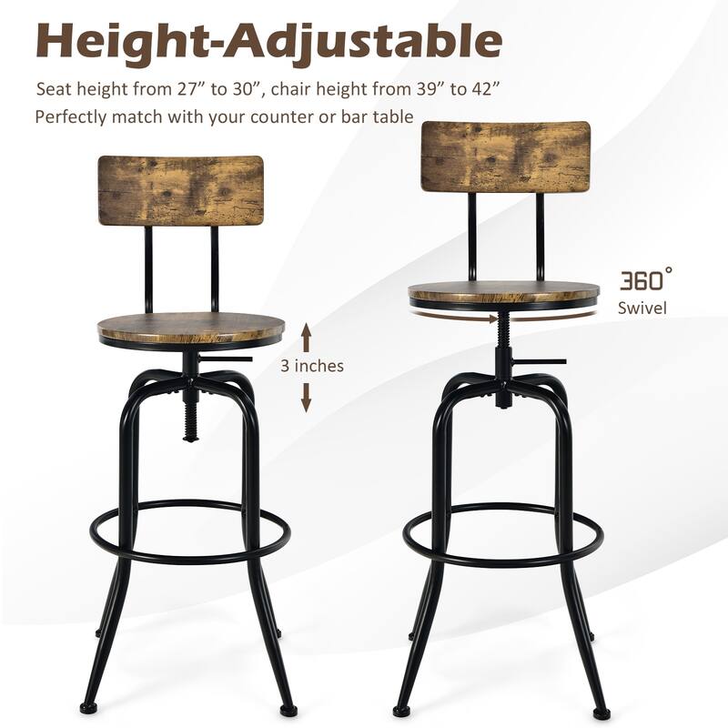 Set of 2 Rustic Brown Adjustable Swivel Bar Stools with Backrest and Black Metal Frame Footrest