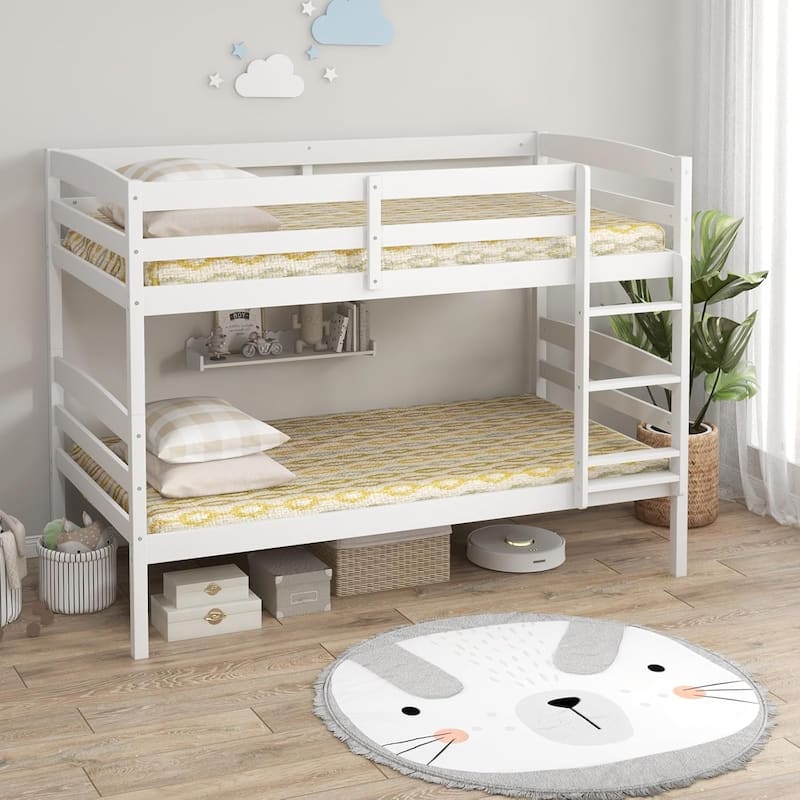 Twin Over Twin Solid Wood Bunk Bed with Detachable Frame, High Guardrails, and Integrated Ladder, No Box Spring Needed, White