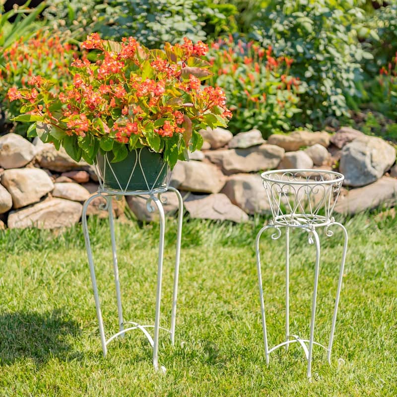 Set of 2 Flower Basket Plant Stands "Medellin 1972" - 14.25" L x 14.25" W x 29.25" H - Antique White