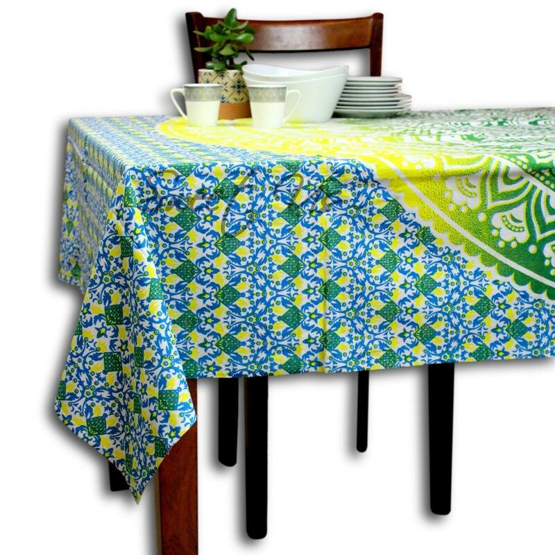 Cotton Stunning Tie Dye Floral Tablecloth Rectangle - 60 x 98 in - Green