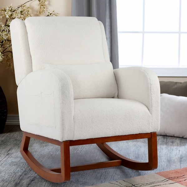 slide 2 of 30, Nursery Rocking Chair High Back Armchair with Side Pocket Rubber Wood Legs and Pillow Flannel Chair for Living Room/Bedroom White-1-piece