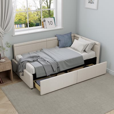 Modern Style Twin Size L-Shaped Corner Bed Frame, Linen Upholstered Daybed with Storage Drawers & Nailhead Trim