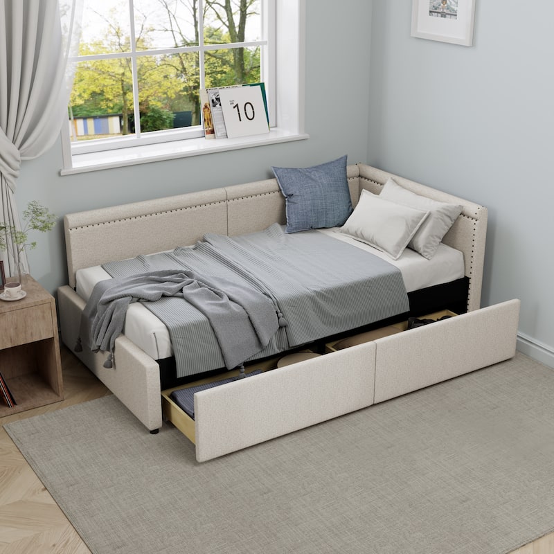 Roomfitters Twin Size L-Shaped Upholstered Corner Daybed with Two Storage Drawers, Modern Linen Fabric Bed Frame