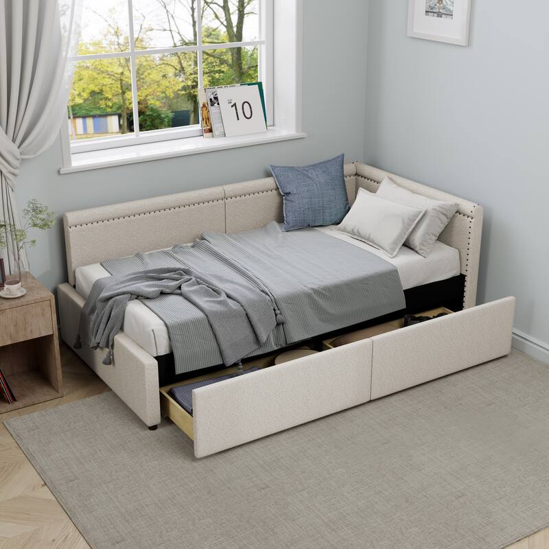 Twin Size Linen Upholstered Daybed with 2 Storage Drawers
