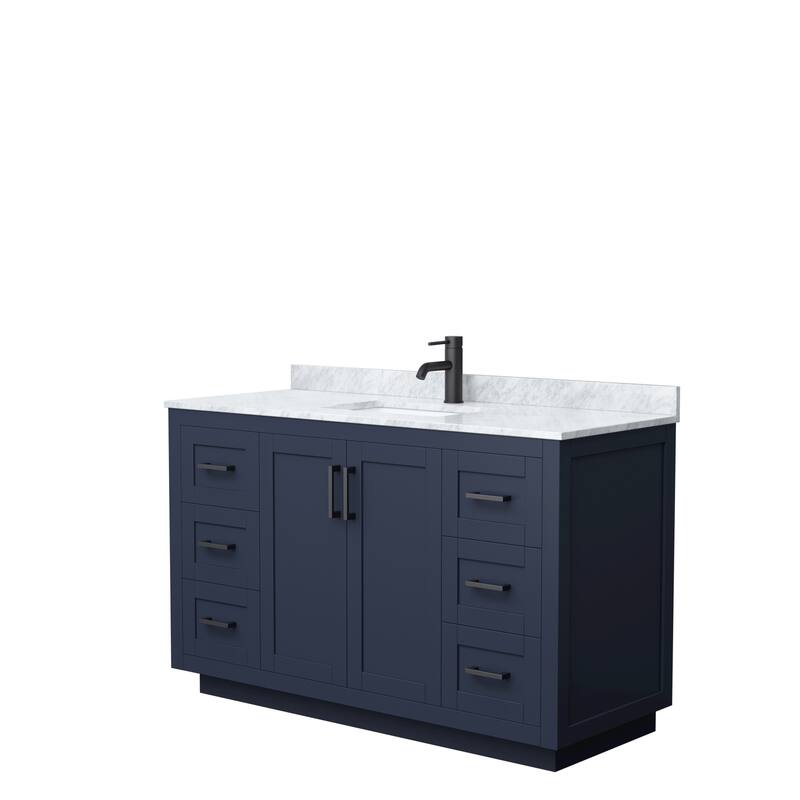 Miranda Single Vanity Set, White Carrara Marble Top, No Mirror - 54-Inch Single - Dark Blue, Black Trim, White Carrara Marble Top