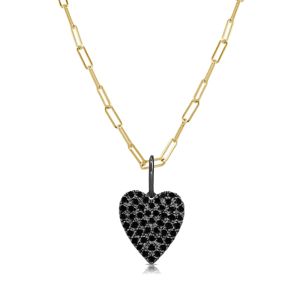 Joelle Collection Black Diamond Heart Necklace 14K Gold on 16-inch Paperclip Chain