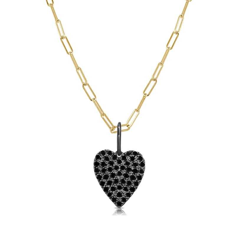 Joelle Collection Black Diamond Heart Necklace 14K Gold on 16-inch Paperclip Chain